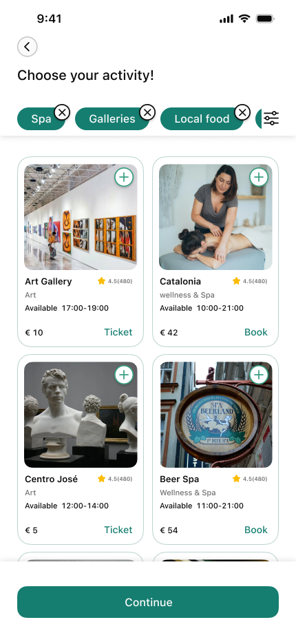 Choose your activity grid with category filters