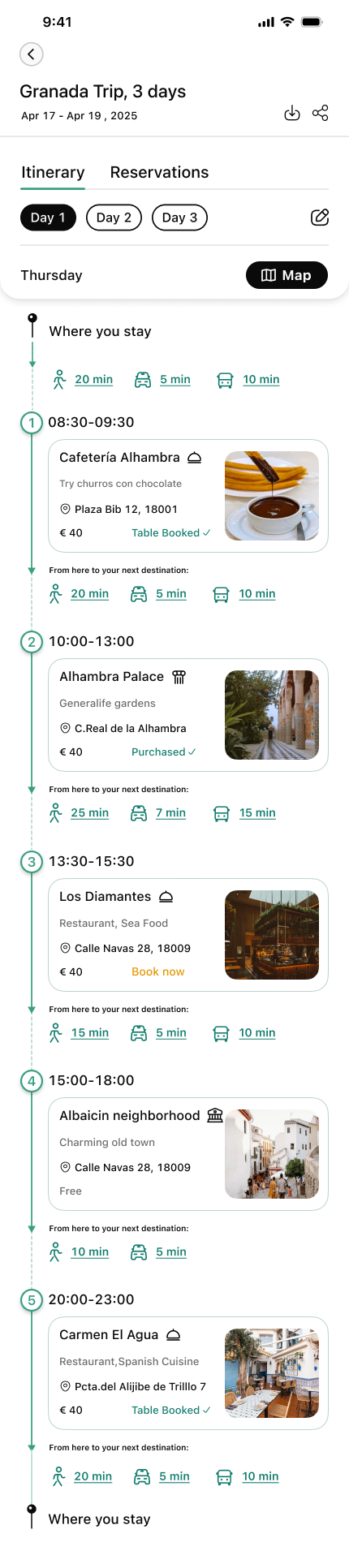 Granada Trip Day 1 itinerary timeline
