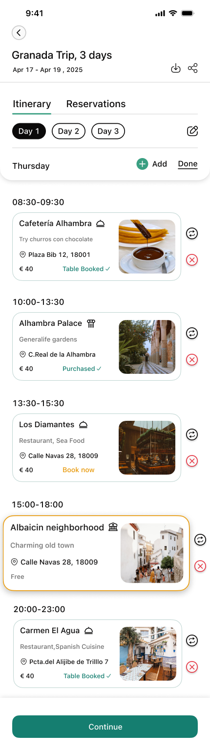 Itinerary in edit mode with remove buttons