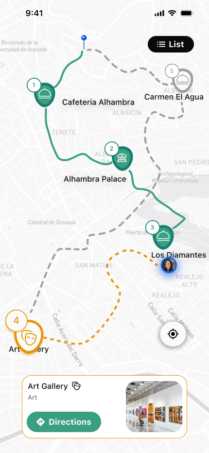 Map with numbered stop pins and route overview