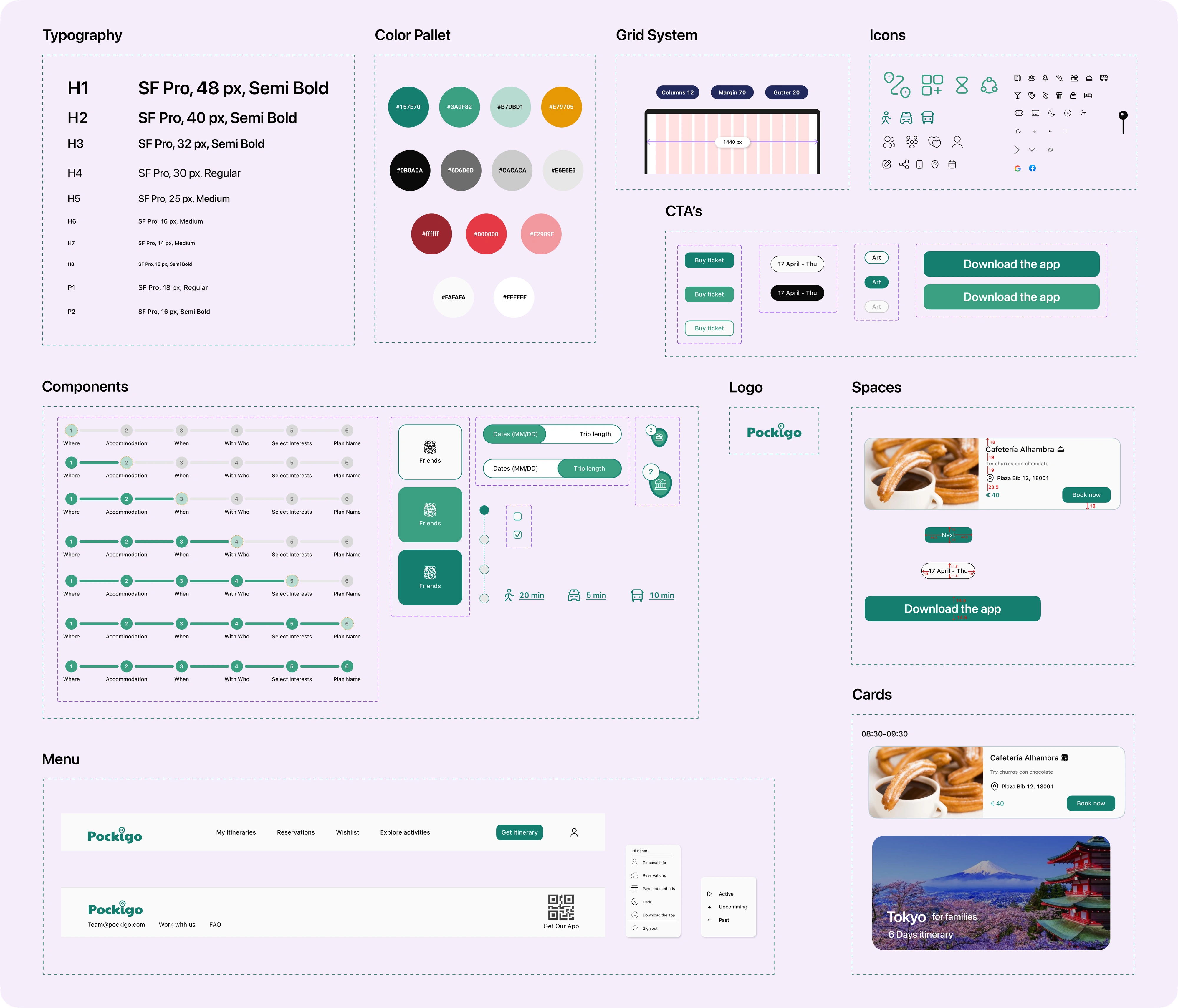Pockigo UI Kit — Typography, Color Palette, Grid System, Icons, CTAs, Components, Logo, Spaces, Menu and Cards