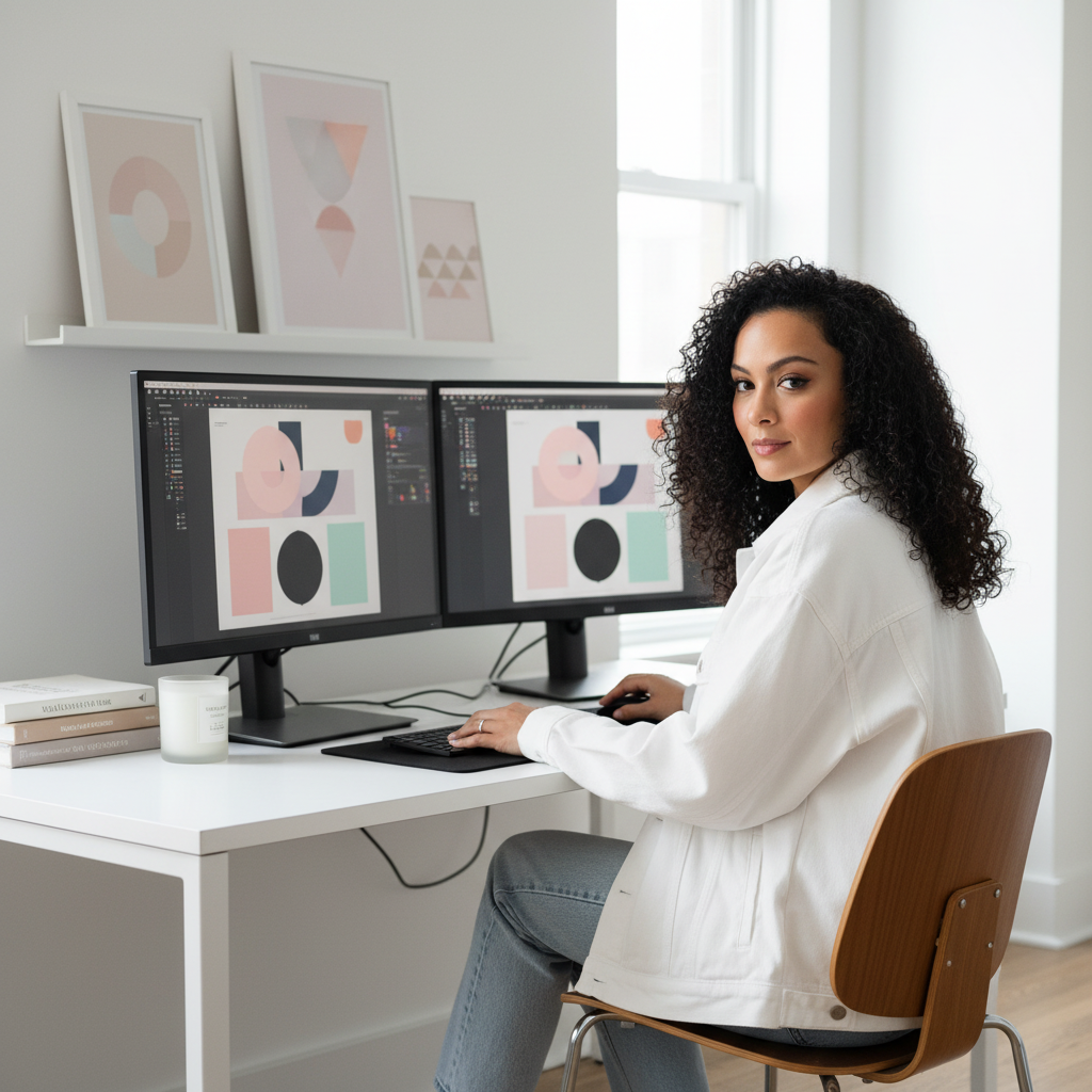 Bahareh at her design workspace with dual monitors showing geometric design work