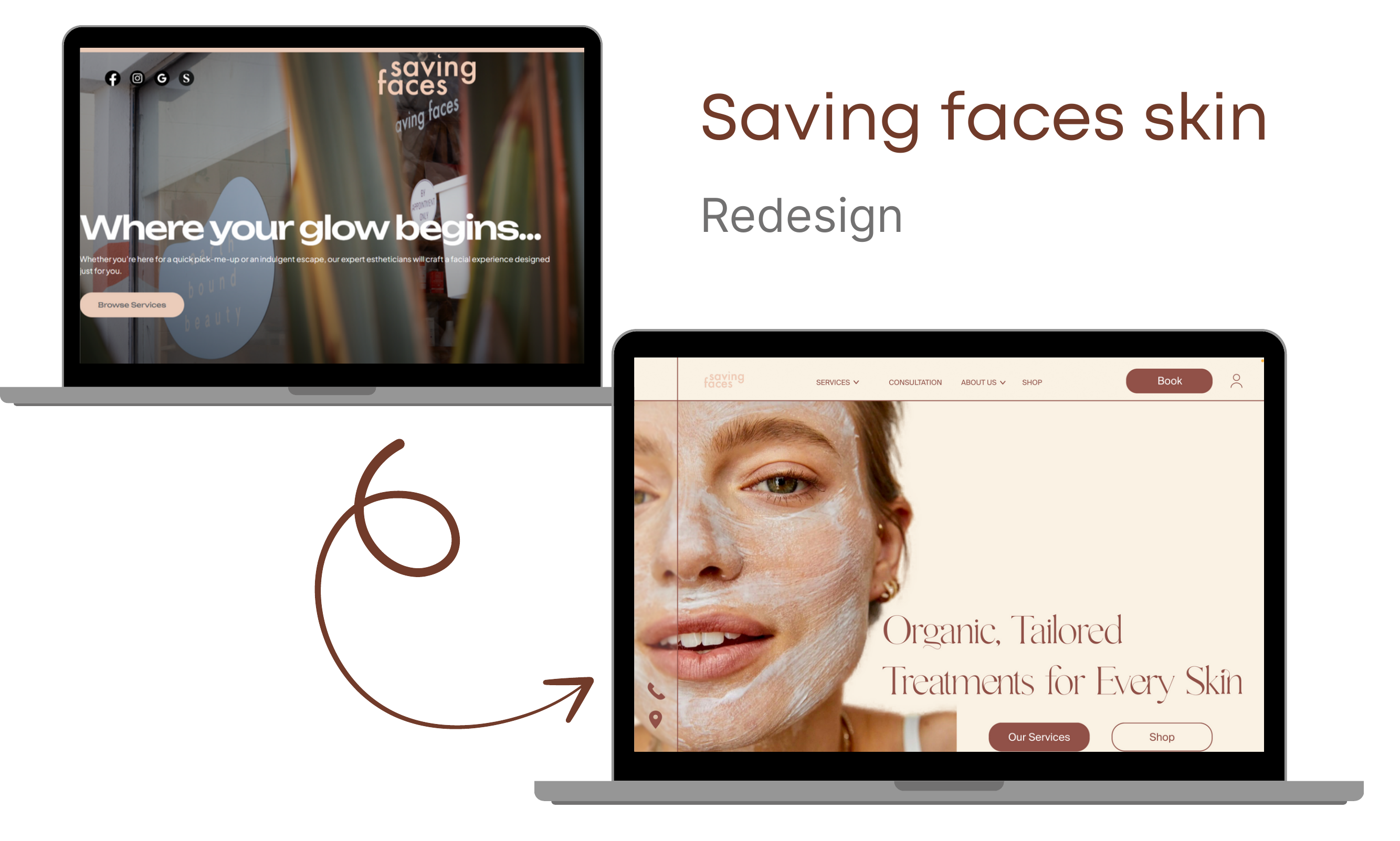 Saving Faces Redesign — before and after laptop comparison