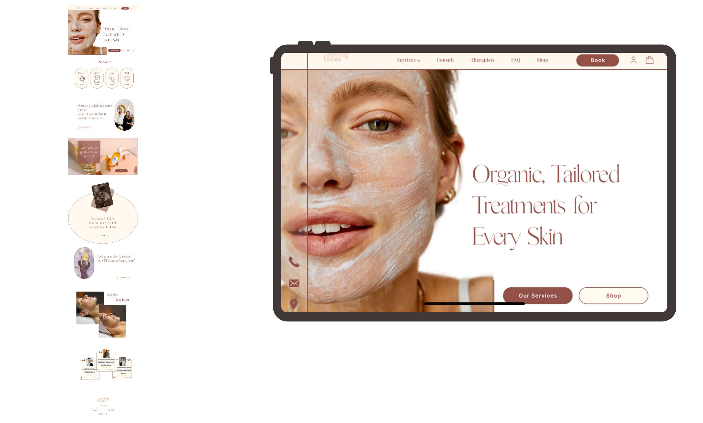 Saving Faces Homepage — full design with services, products, testimonials
