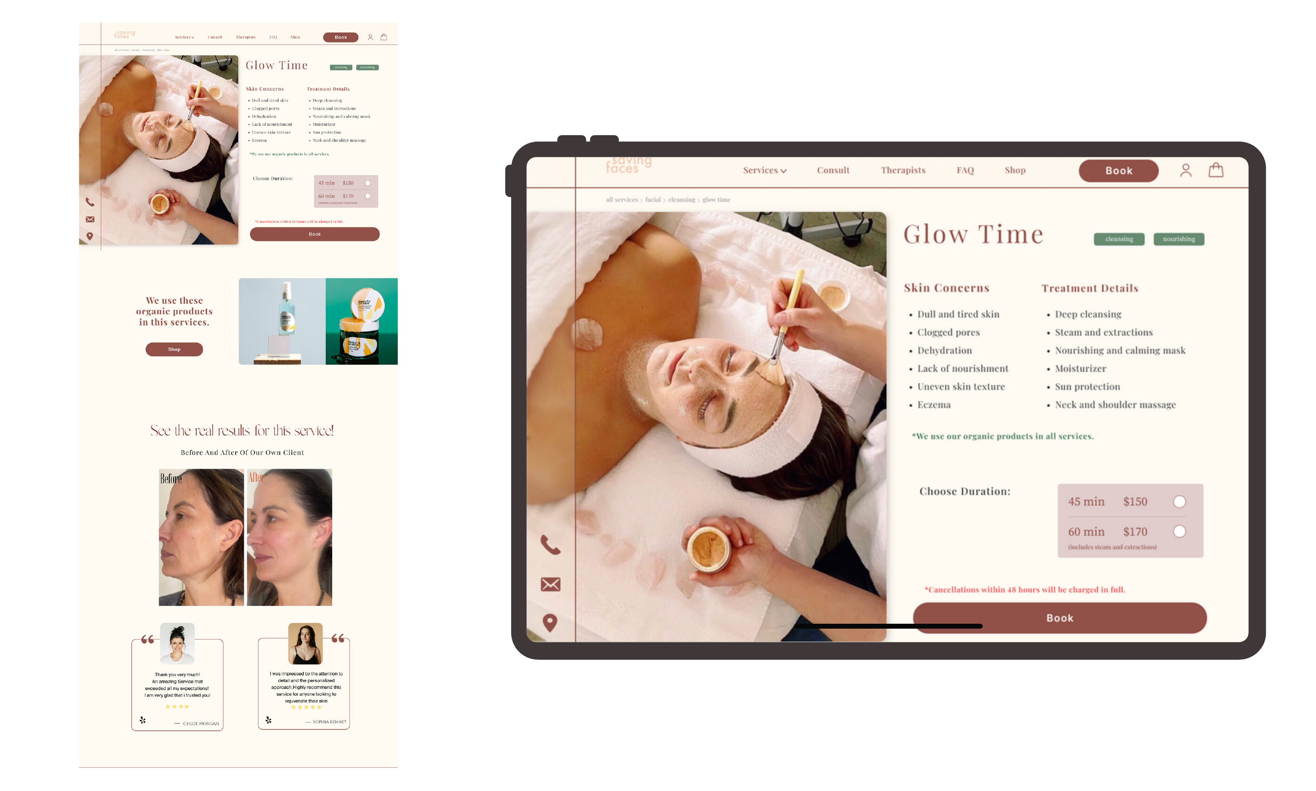 Saving Faces Glow Time service detail page — skin concerns, treatments, pricing, before & after, reviews