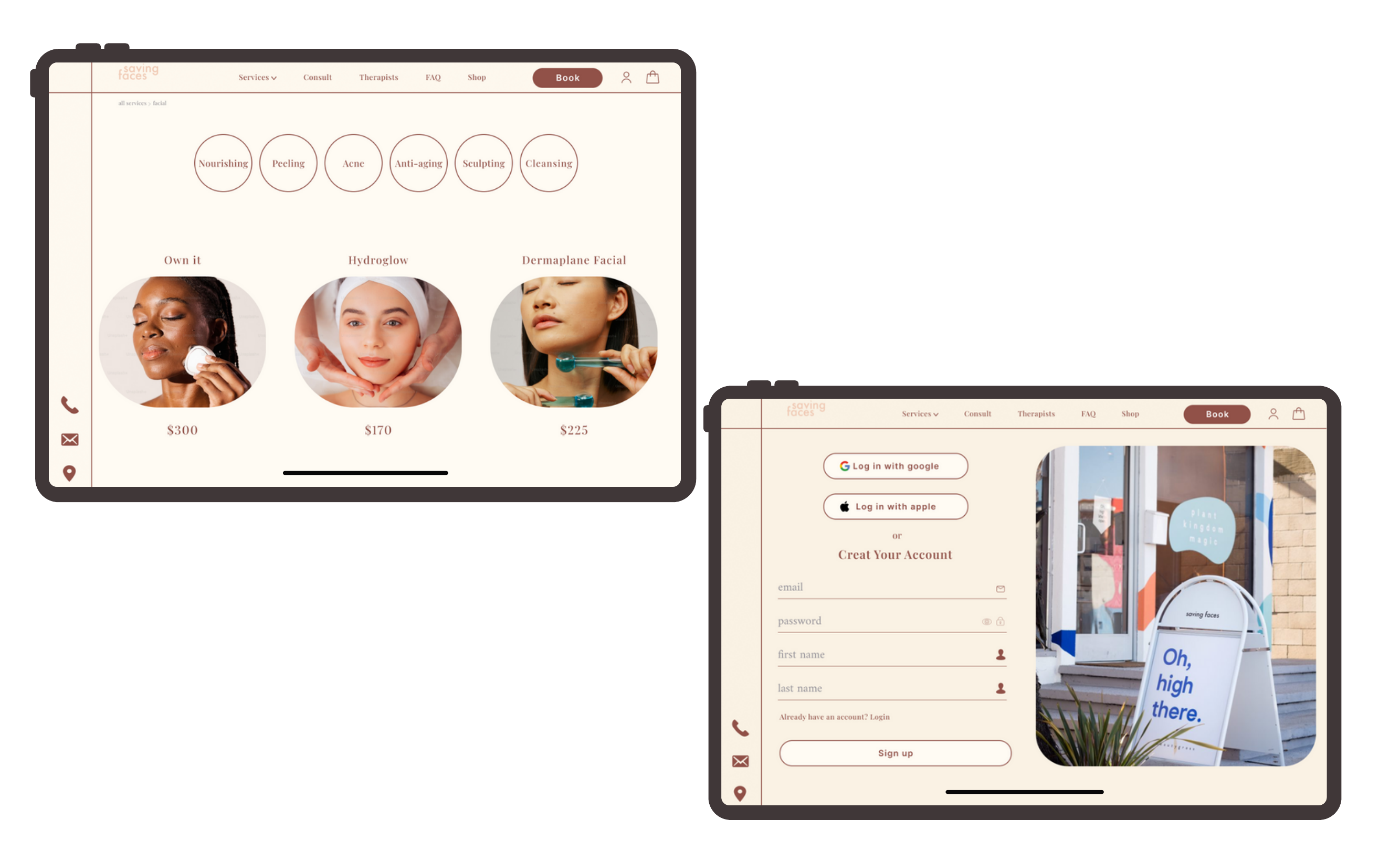 Saving Faces — category filter screen and account sign-up flow
