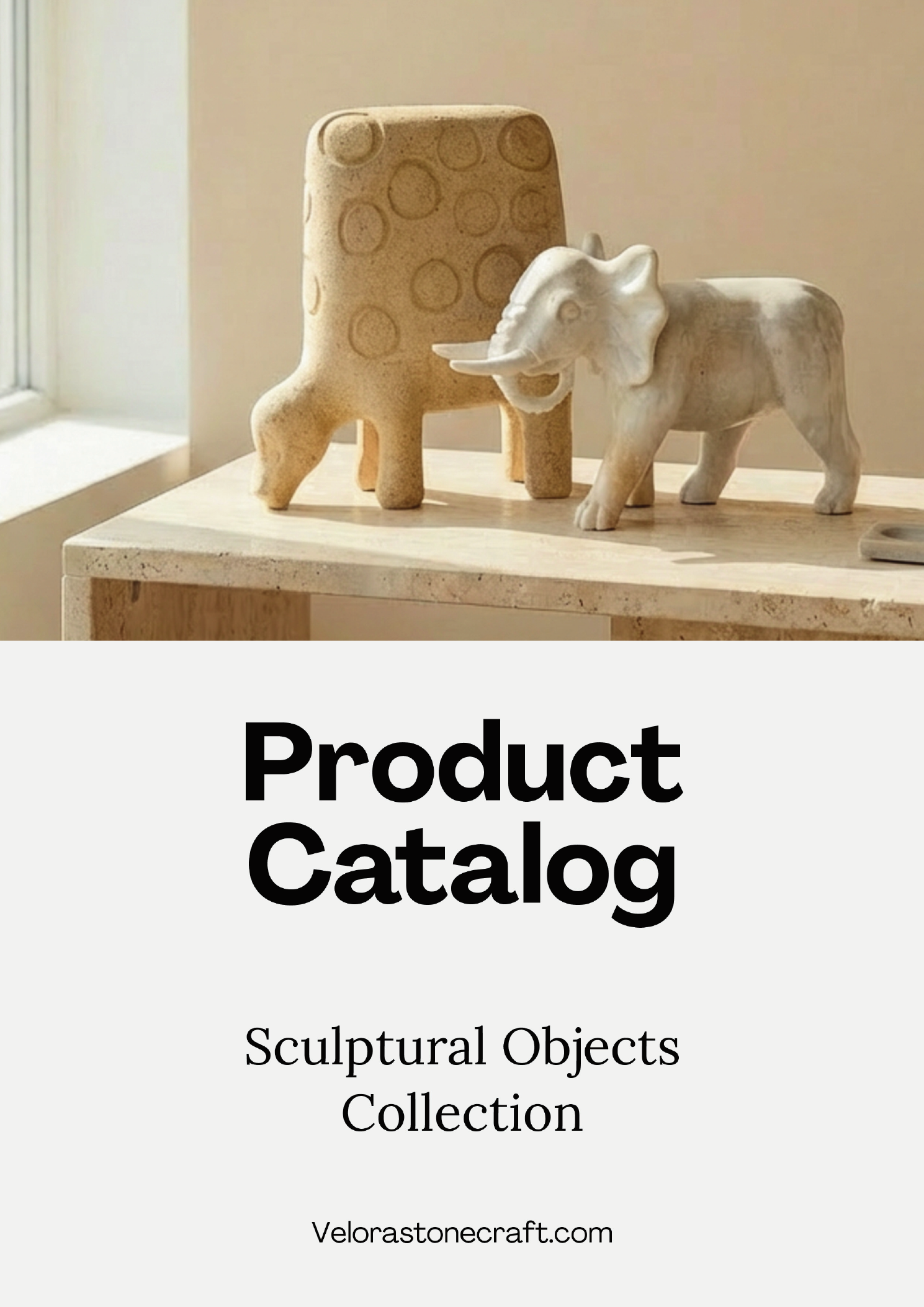 Sculptural Objects Collection — cover with stone animal and figure sculptures on travertine shelf