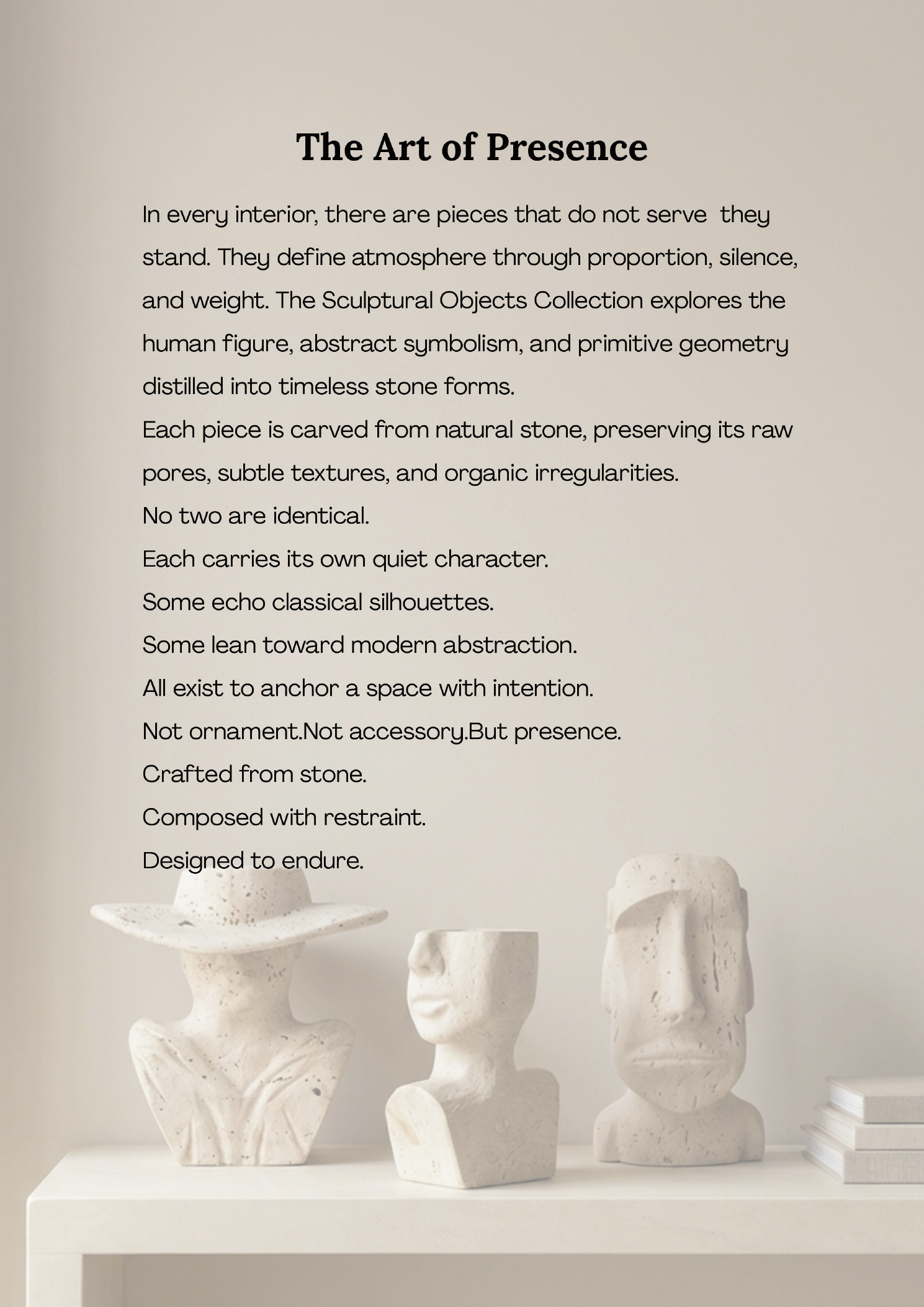 The Art of Presence — editorial intro with stone bust sculptures