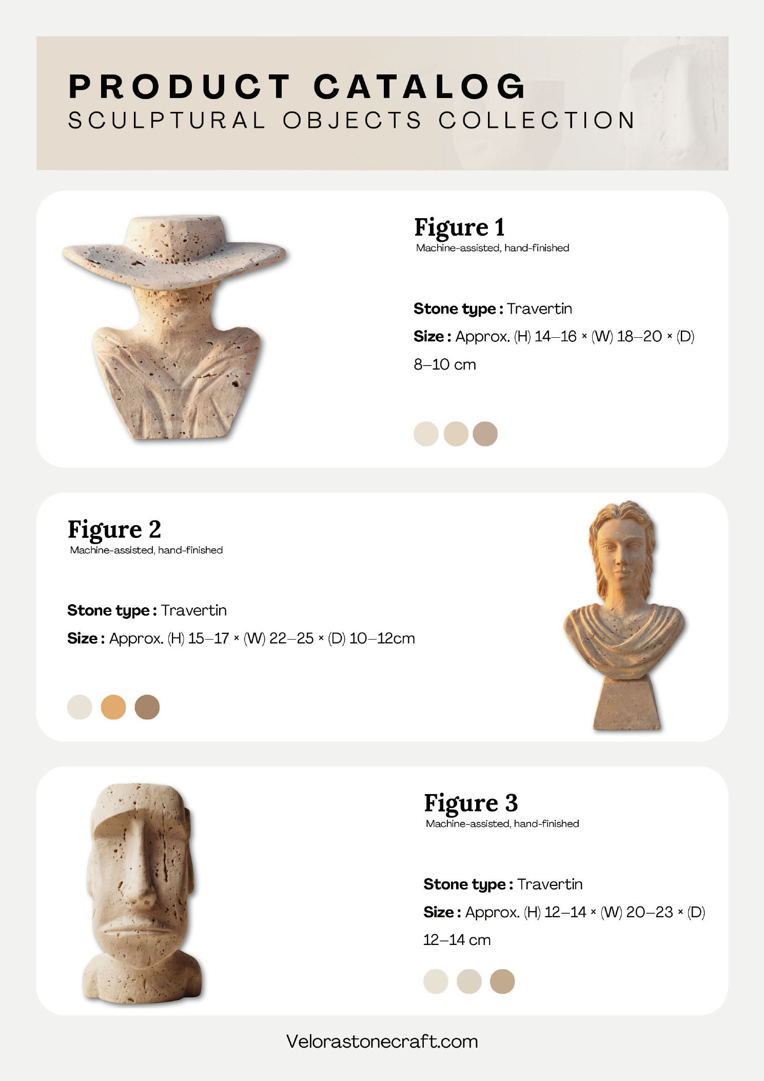 Human Forms — Figure 1, 2, 3 product specs in travertine