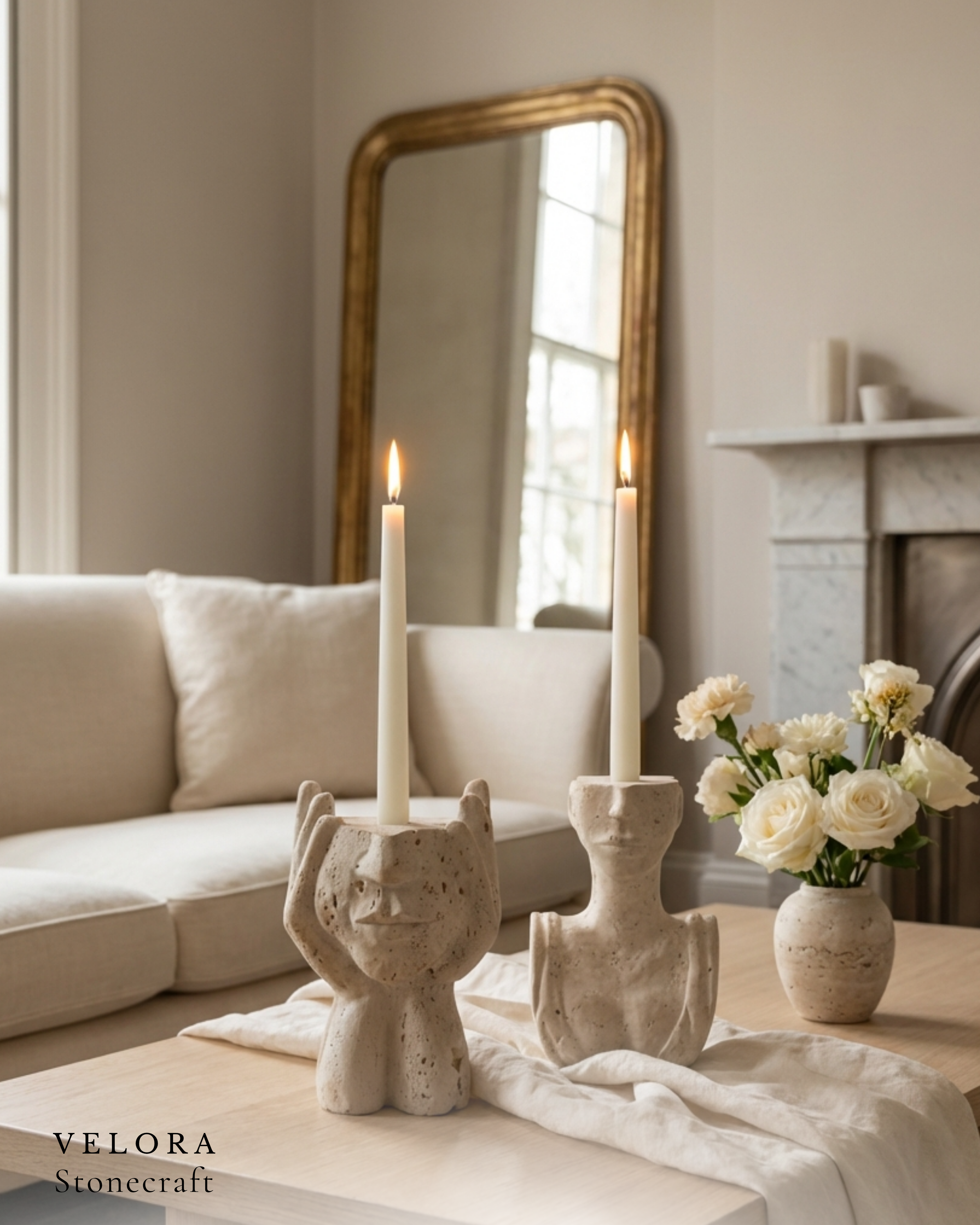 Velora Stonecraft — face candle holders in styled living room — ChatGPT
