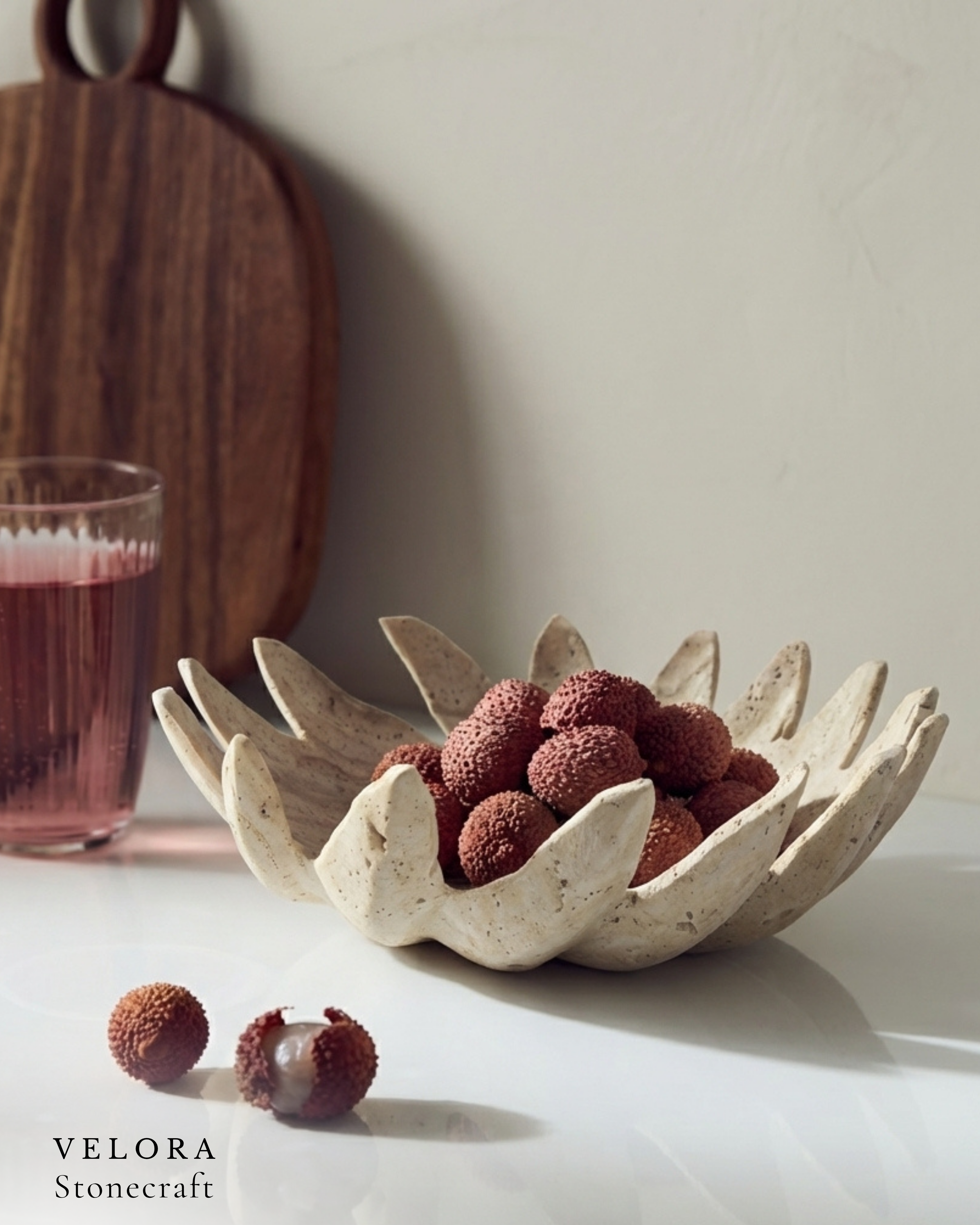 Velora Stonecraft — stone fruit bowl with lychees — ChatGPT