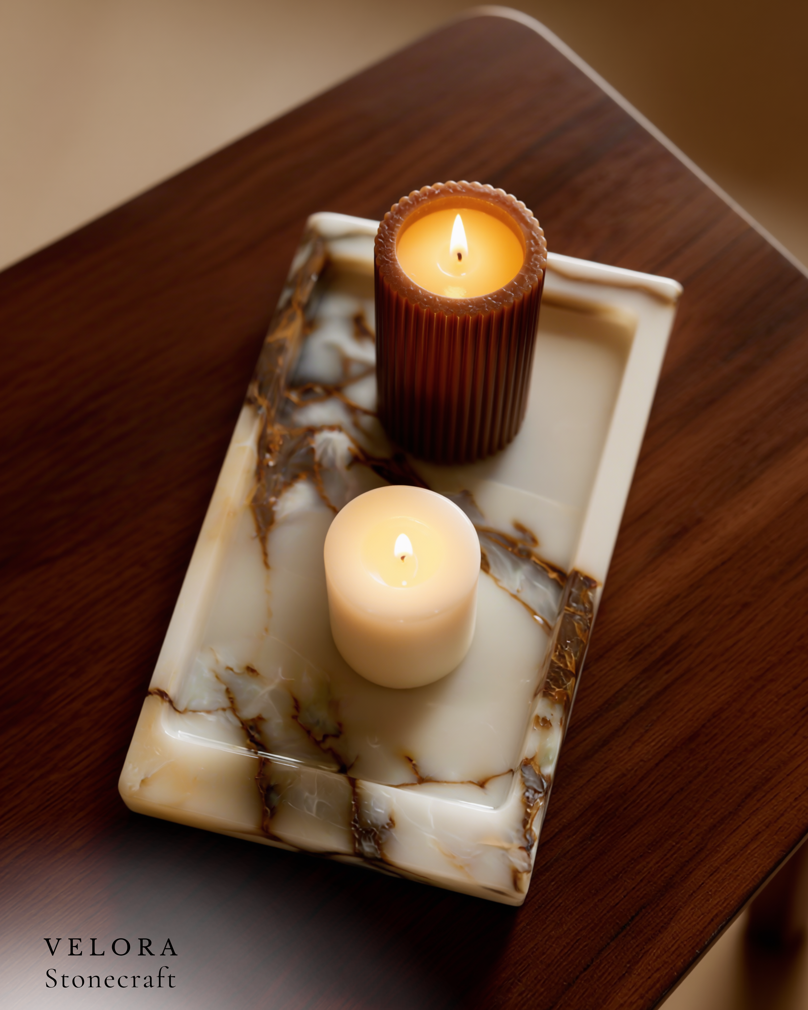 Velora Stonecraft — marble tray with candles — ChatGPT