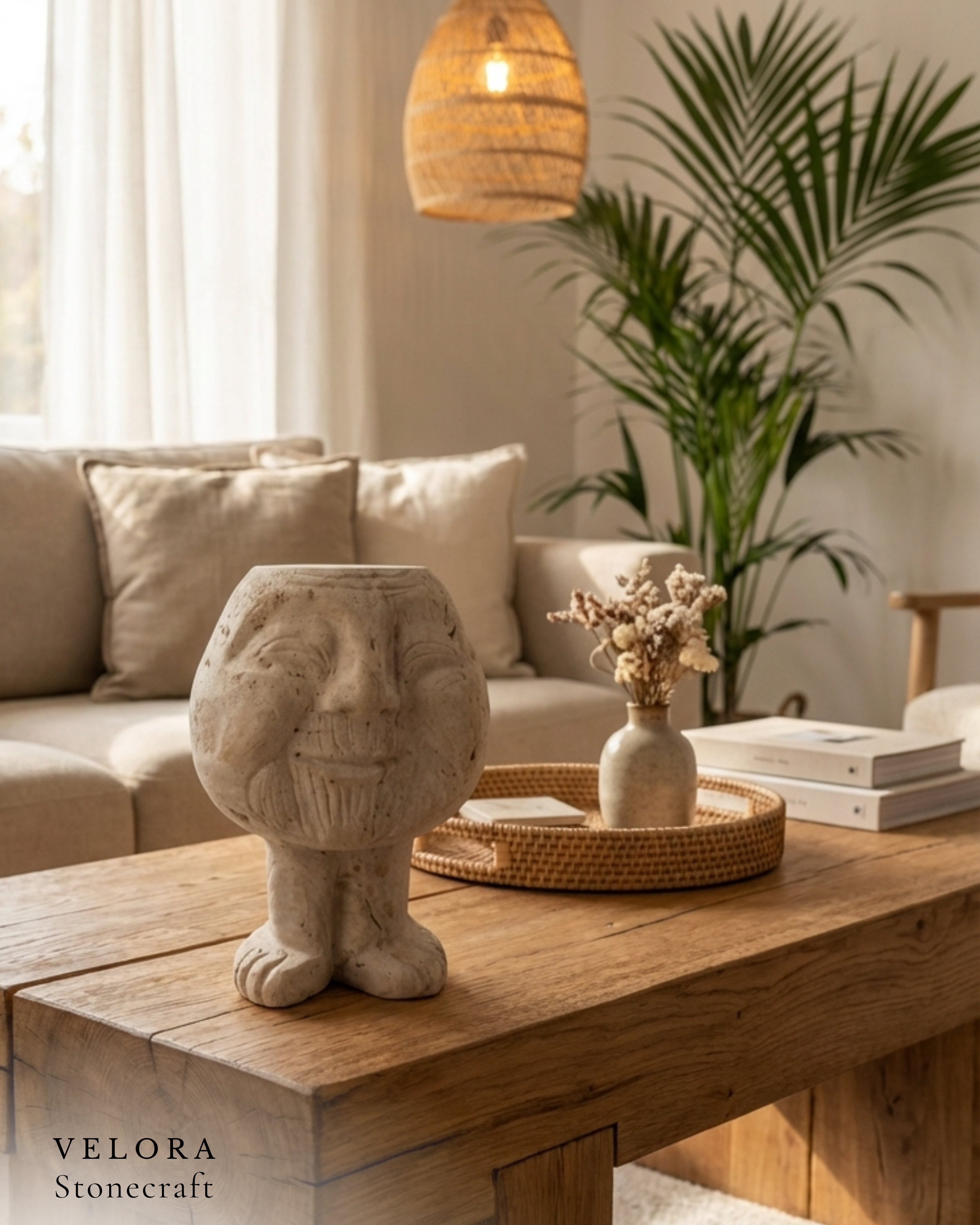 Velora Stonecraft — face sculpture on coffee table — ChatGPT