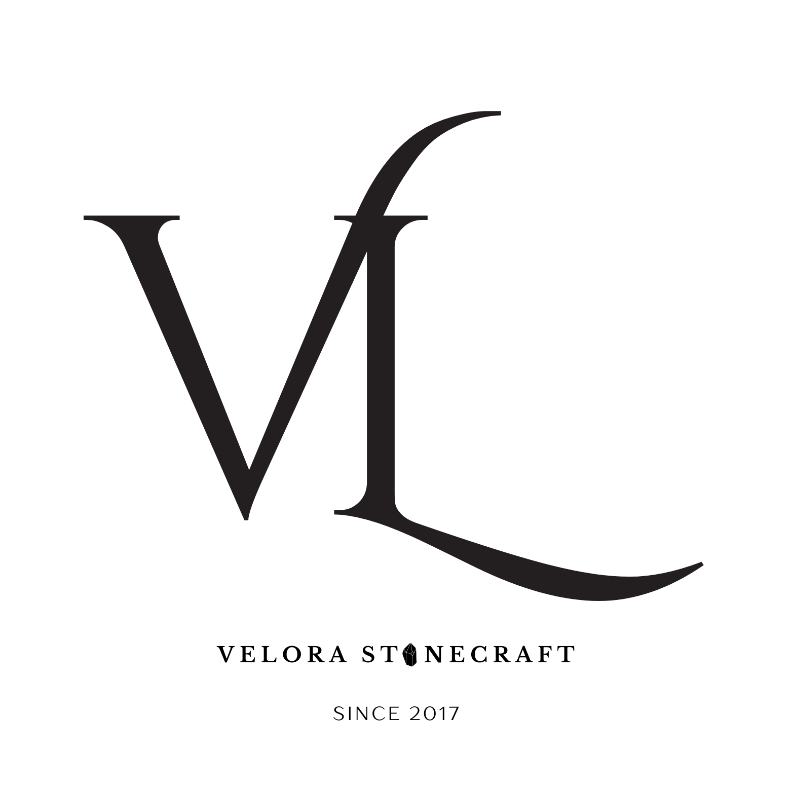 Velora Stonecraft final logo — VL monogram with wordmark and Since 2017 tagline