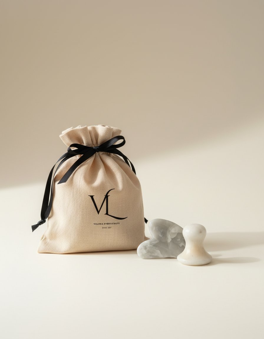 Velora Stonecraft canvas drawstring pouch with stone sculptures — ChatGPT mockup