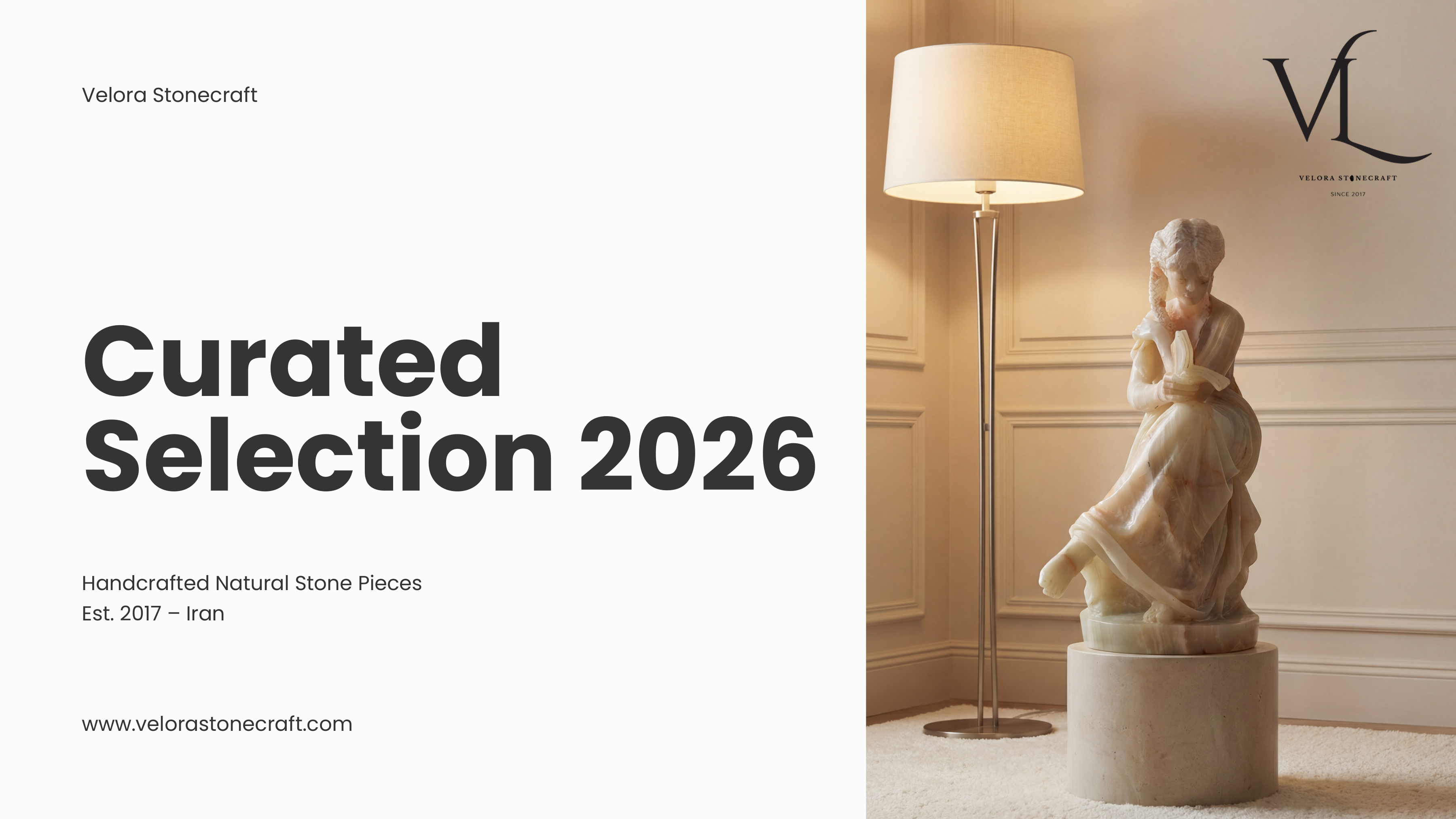 Velora Stonecraft — Curated Selection 2026 cover, with a stone figurine sculpture and floor lamp
