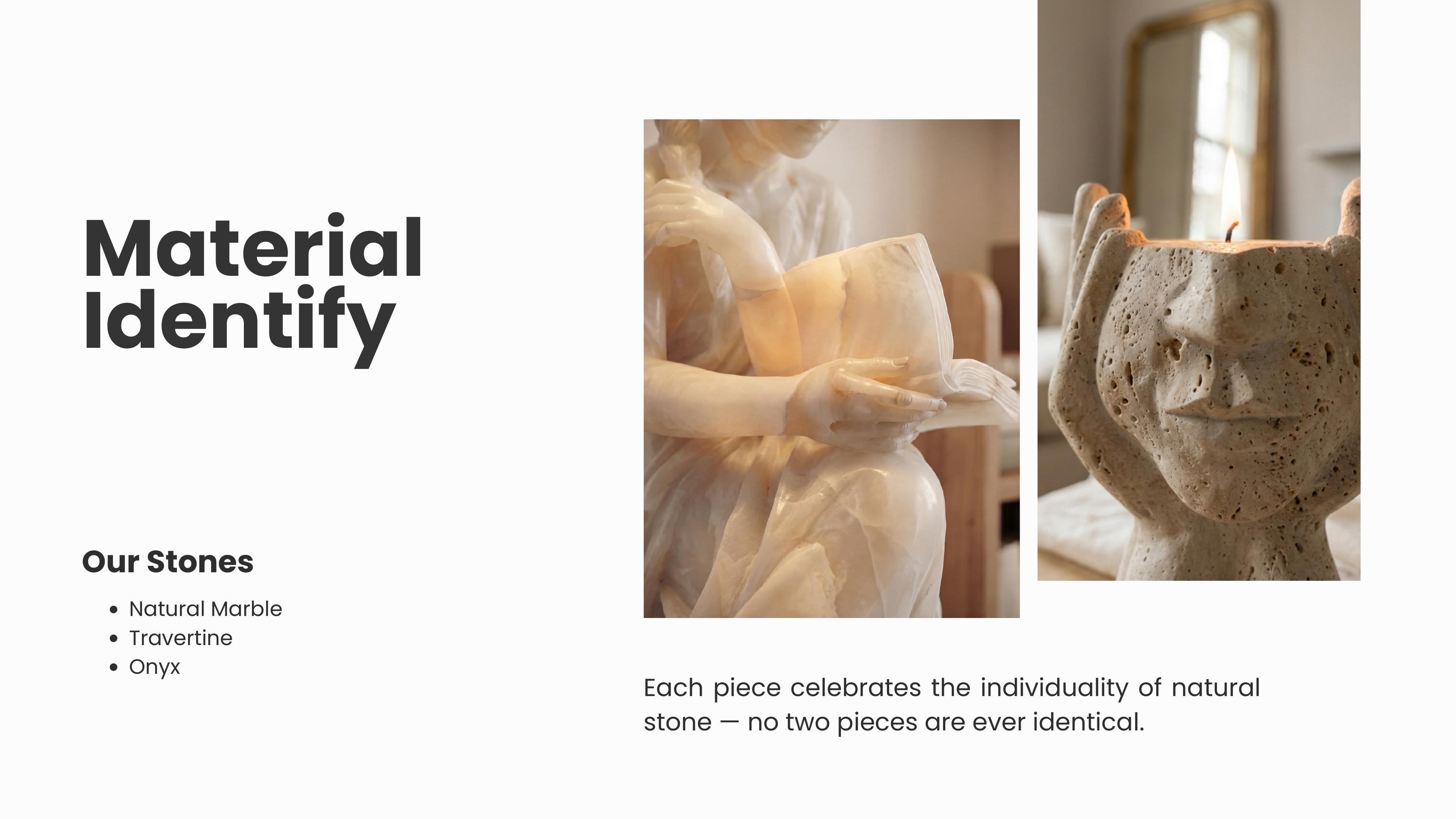 Material Identity — Marble, Travertine, Onyx with figurine details